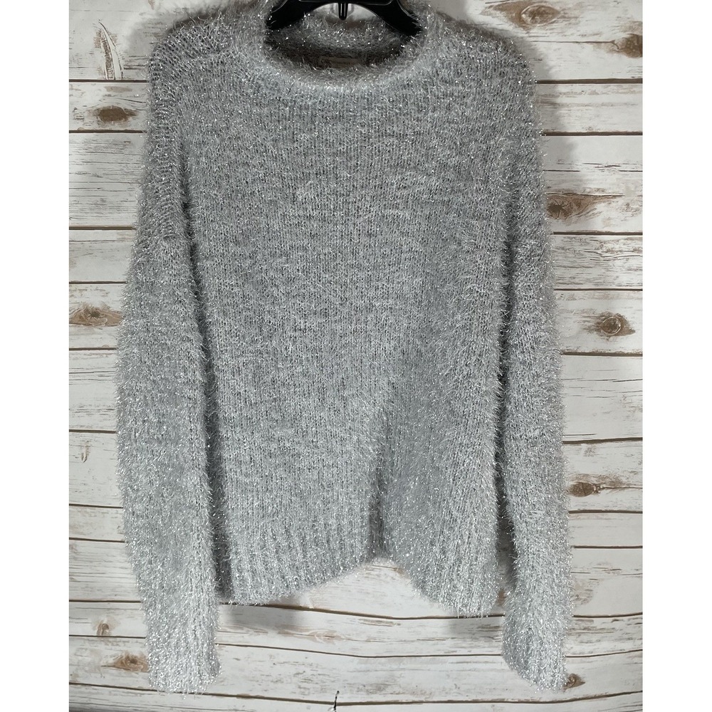 Cato XL Women's Shimmering Silver Fuzzy Knit Sweater Cozy Whimsigoth Glitchcore